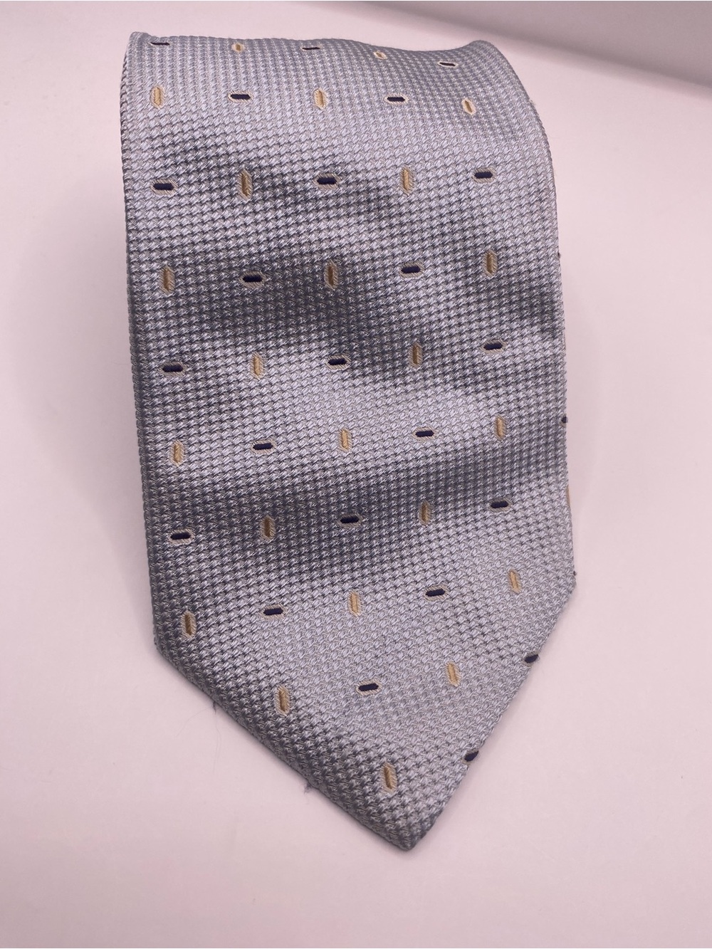 Neiman Marcus Light Blue Silk Tie with Gold and Navy Dots